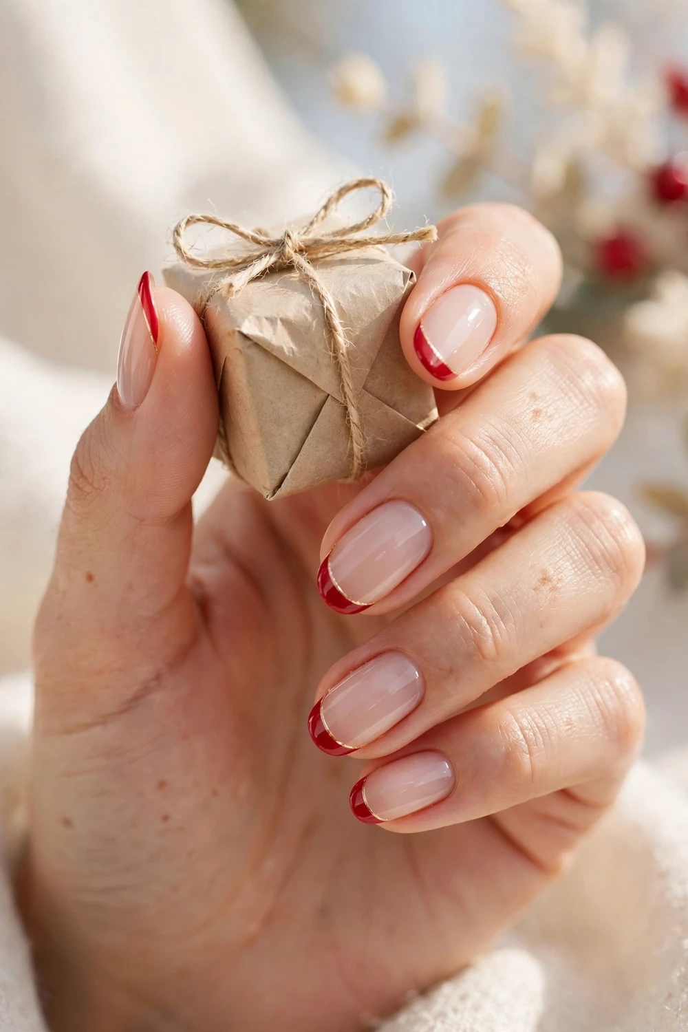 Red French Tips With a Gold Line on medium almond nails for Christmas