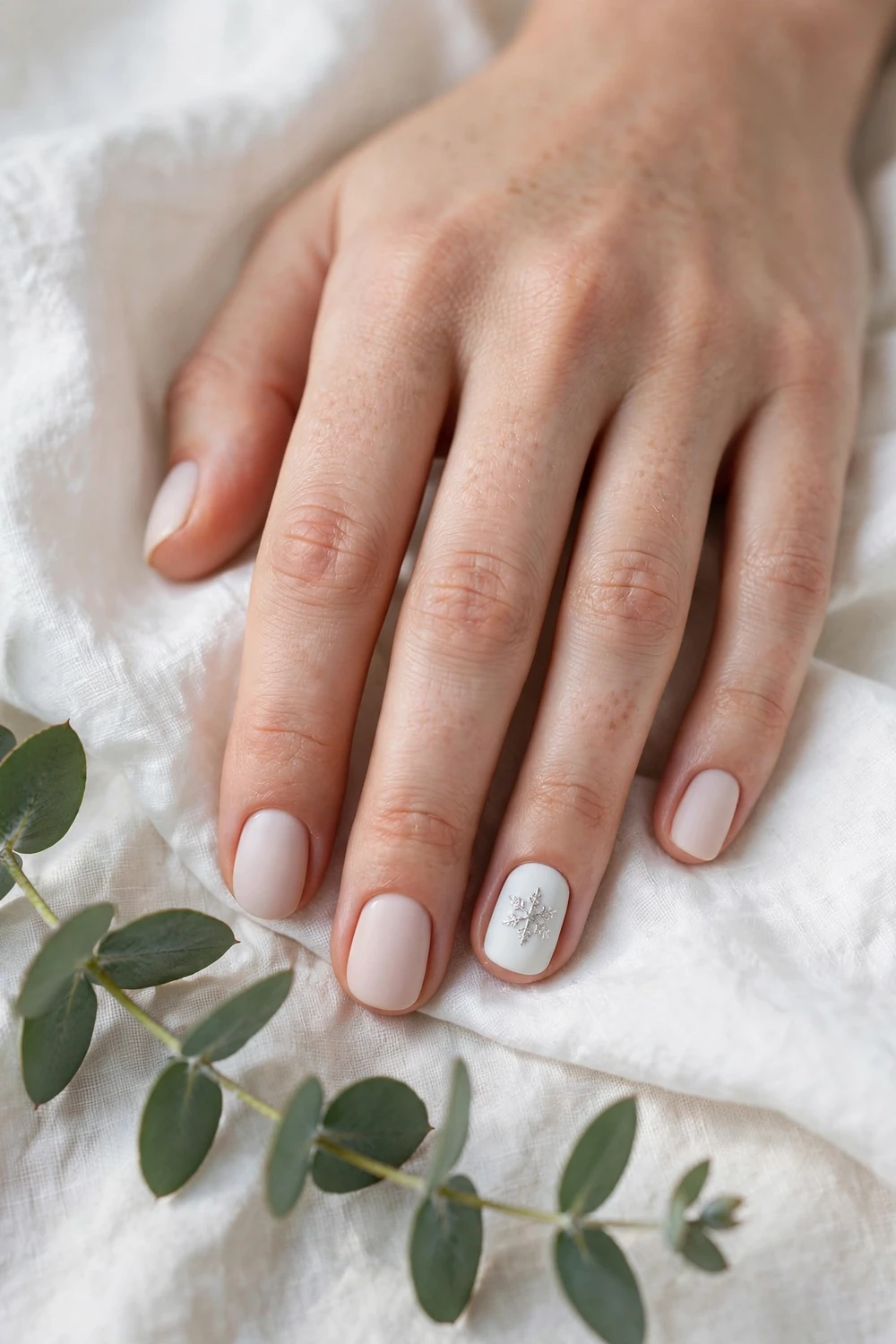One Snowflake Accent Nail on short round nails for Christmas