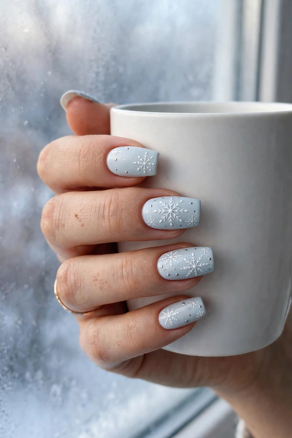 Snowflake Nails on Icy Blue on medium coffin nails for Christmas