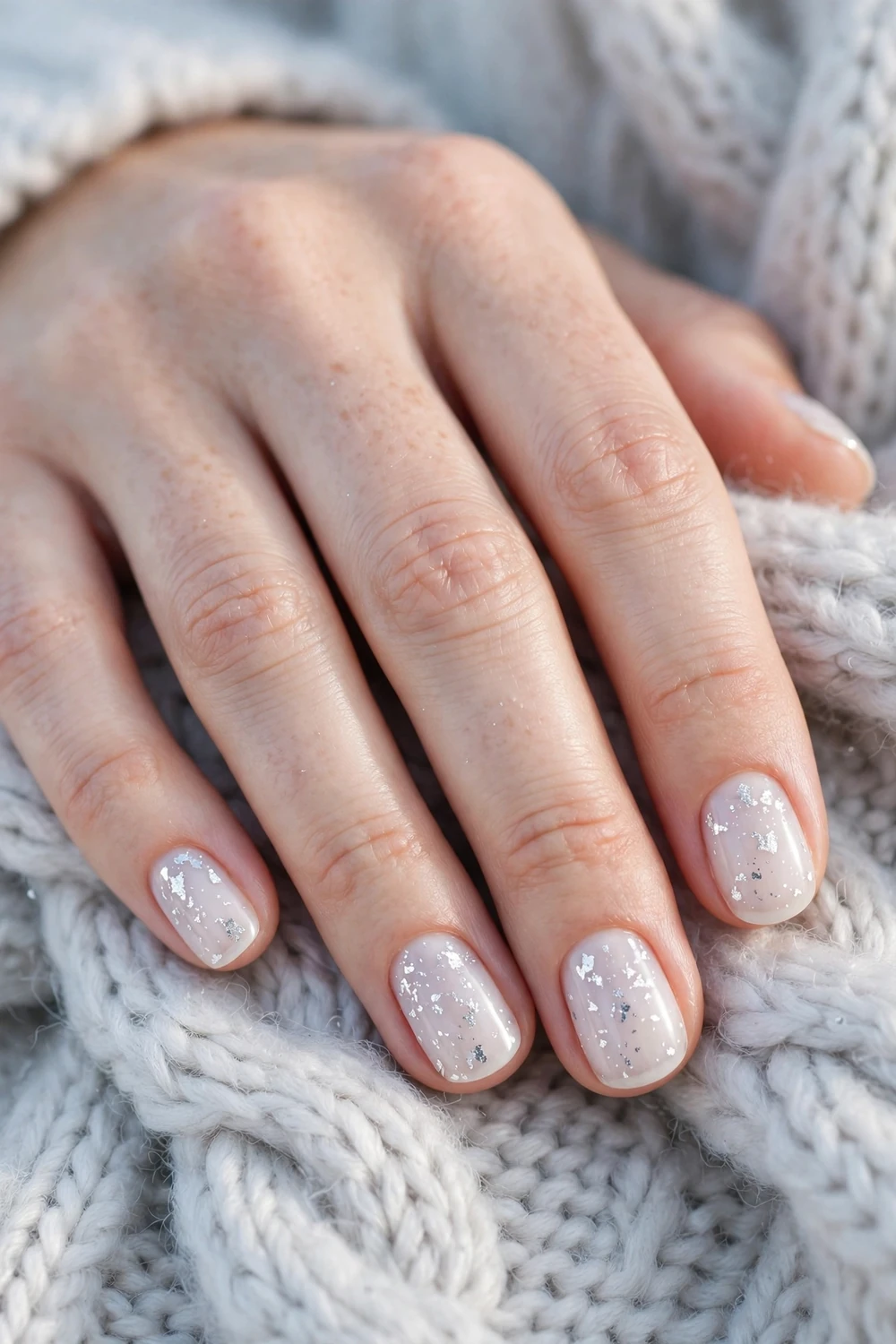 Frosted Milky White With Silver Flakes on short oval nails for Christmas