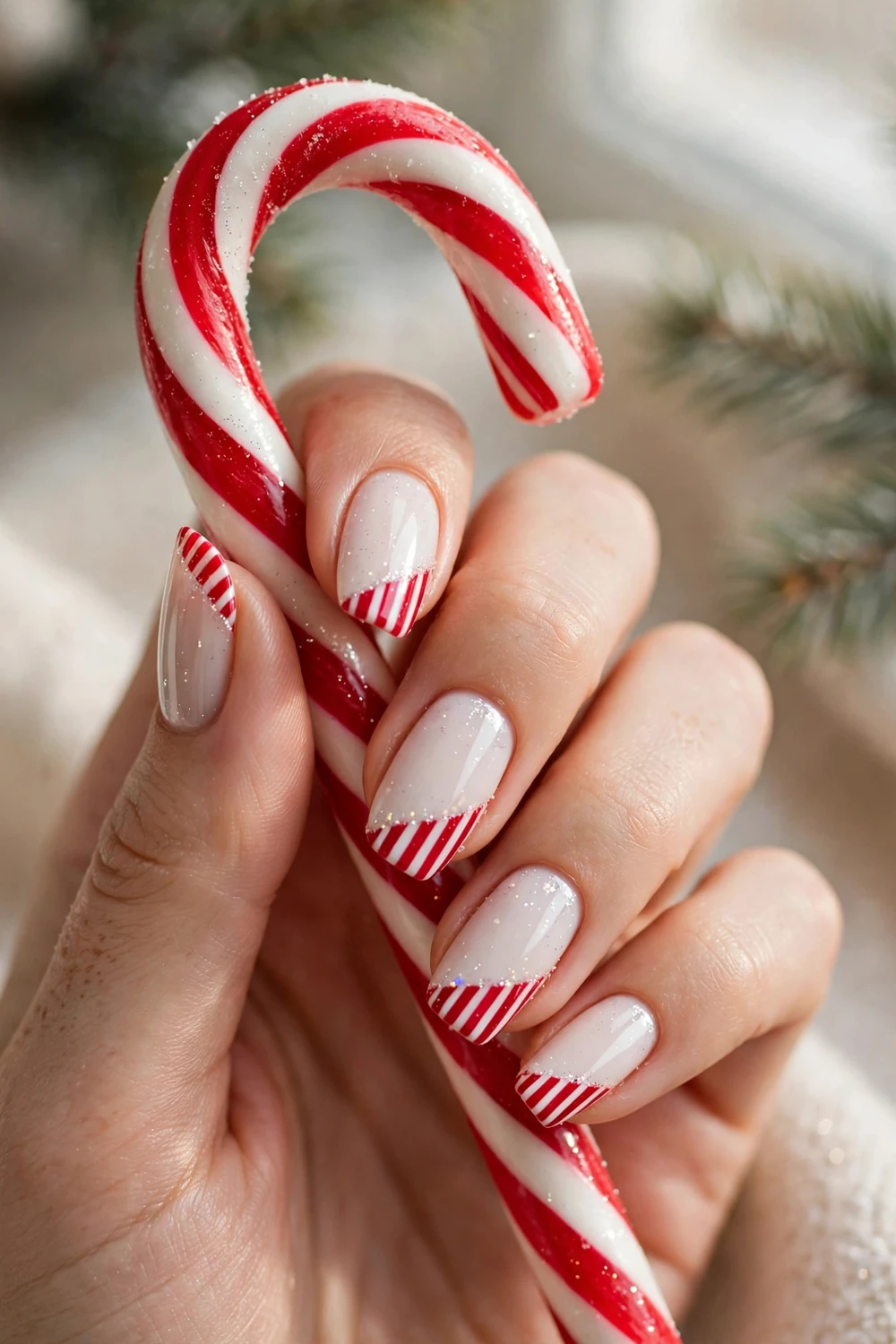 Candy Cane Stripe Tips on medium almond nails for Christmas