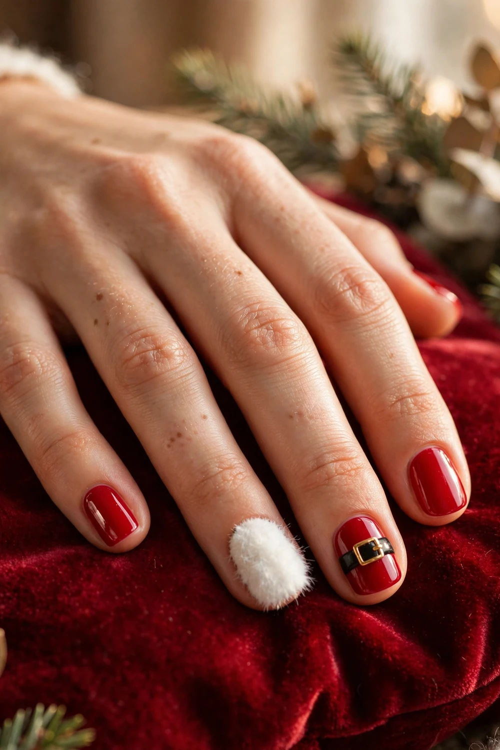 Santa Claus Belt Nails on short squoval nails for Christmas