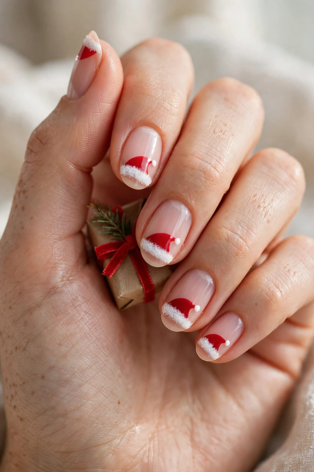 Santa Hat Tips on medium oval nails for Christmas