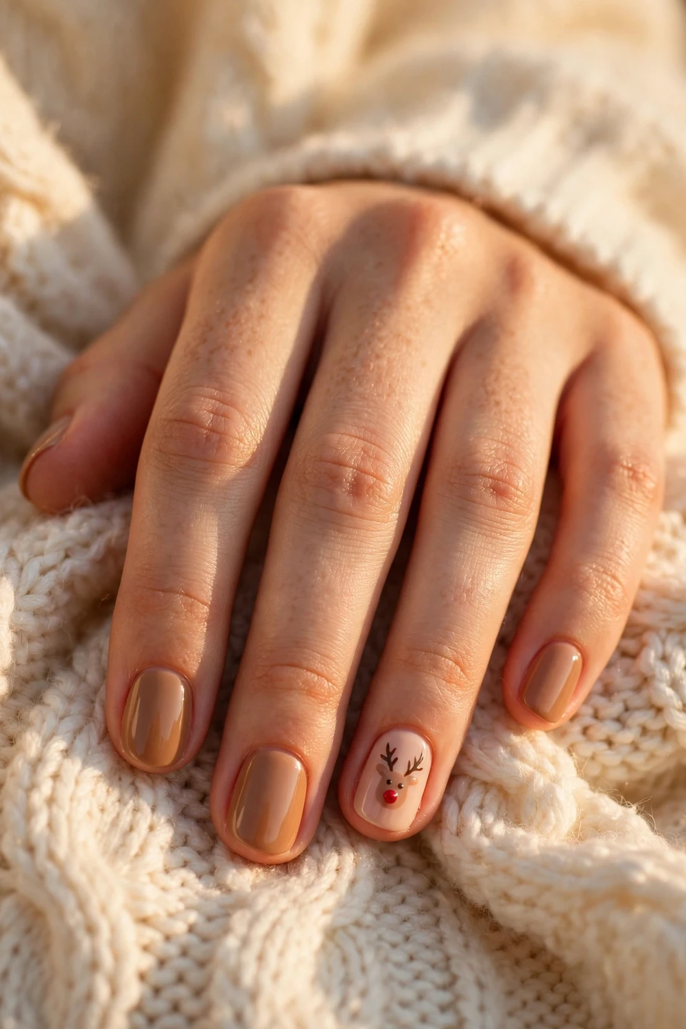 Reindeer Accent Nails on short round nails for Christmas