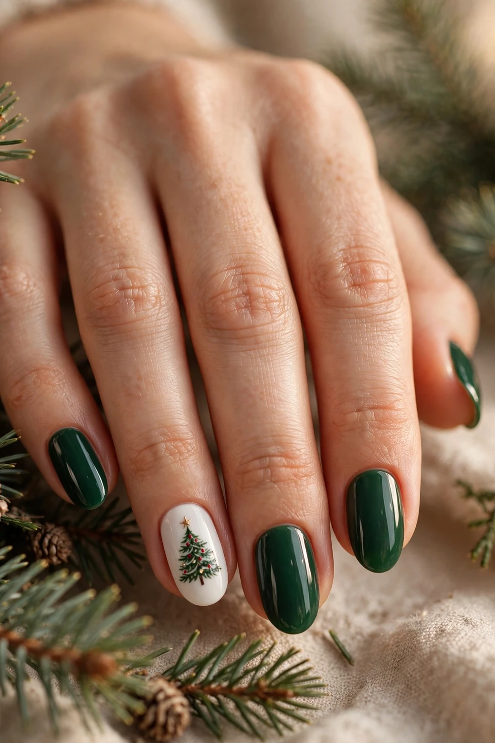 Christmas Tree Nail Art on medium almond nails for Christmas