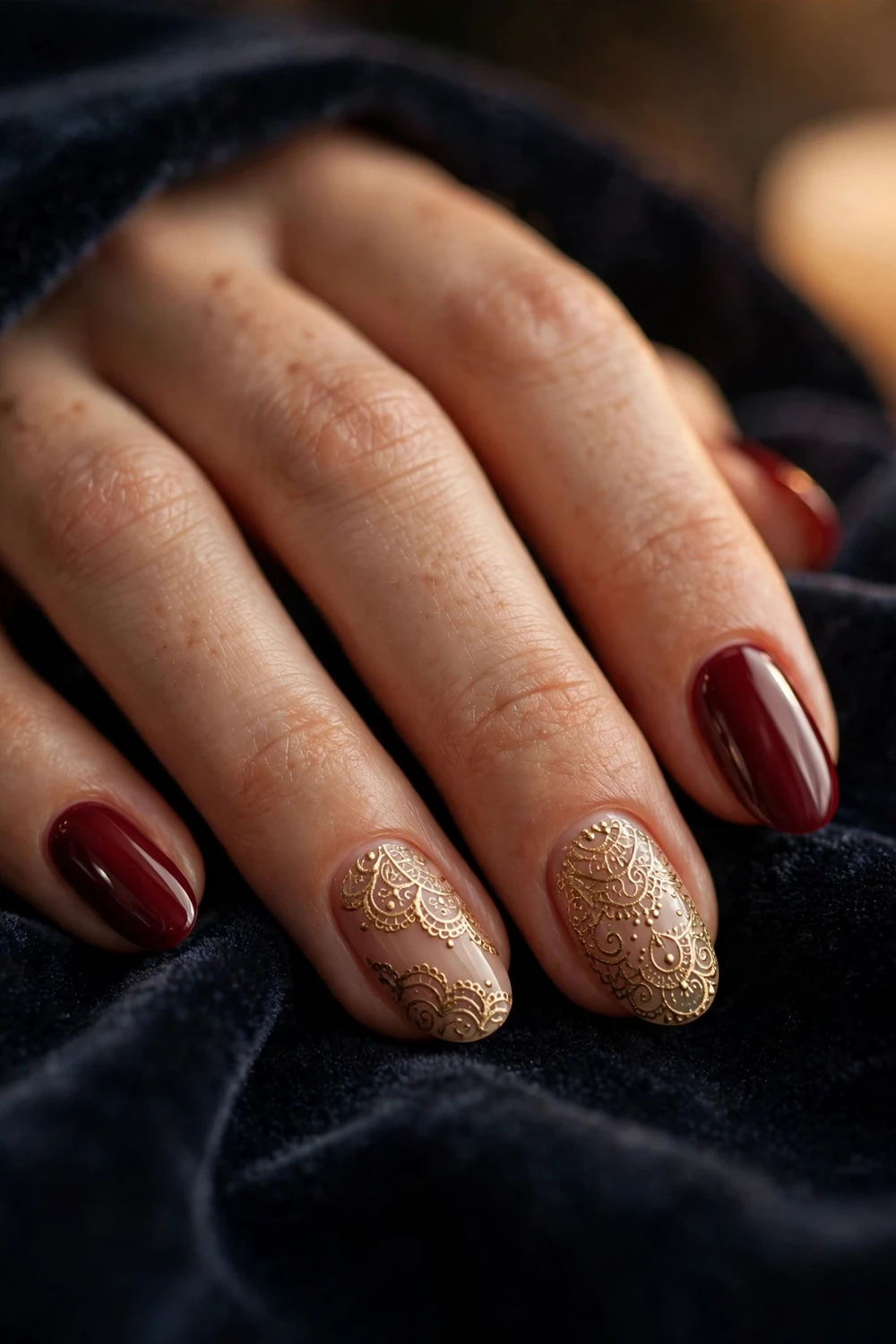 Gold Lace on Burgundy on medium almond nails for Christmas