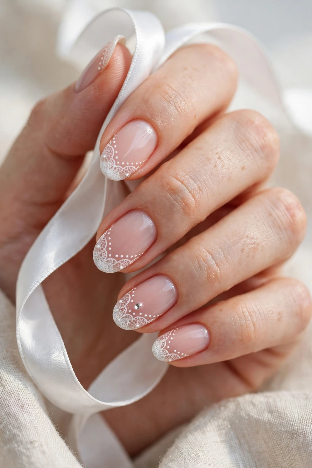 White Lace Over Nude on medium oval nails for Christmas