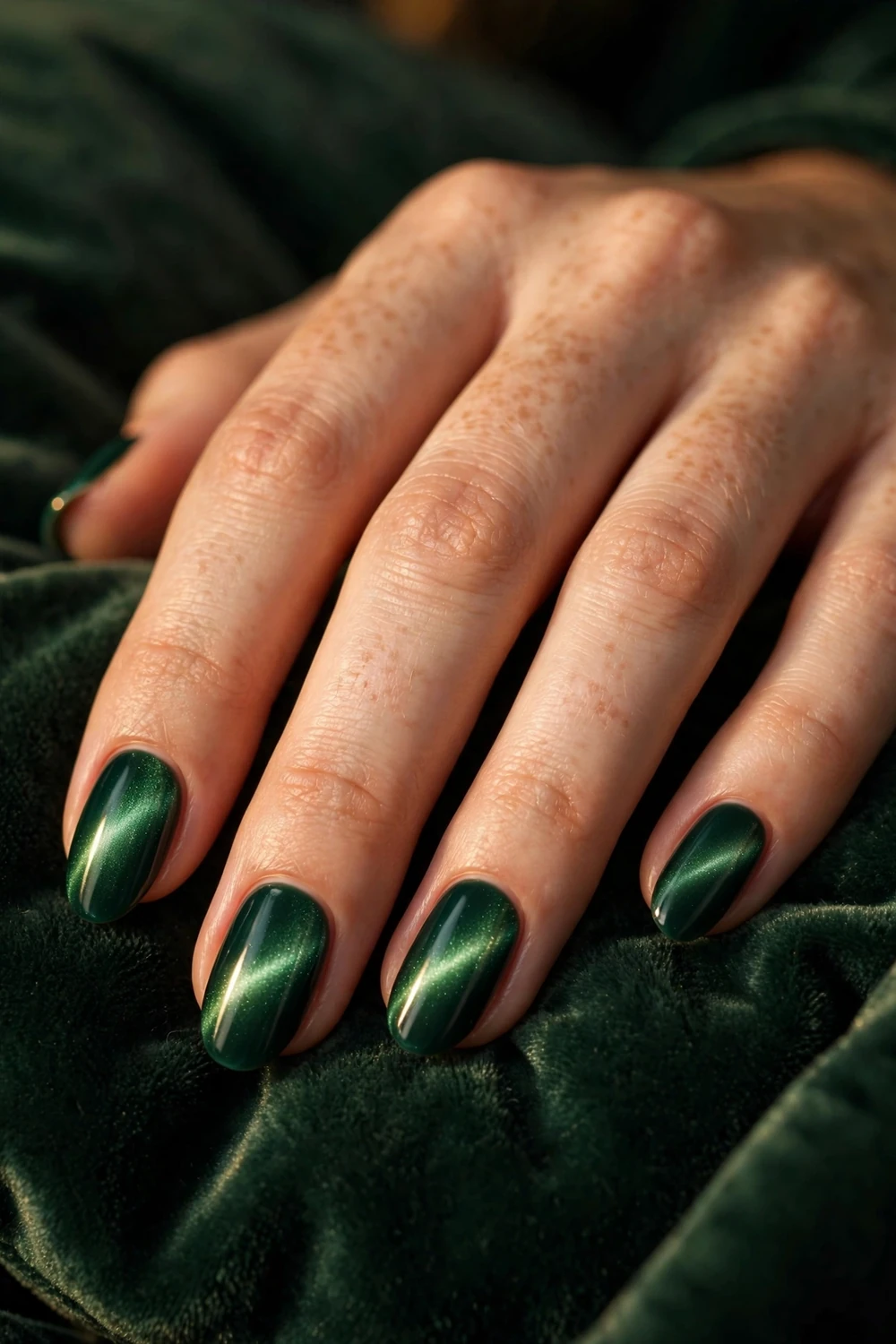 Emerald Velvet Cat Eye on medium almond nails for Christmas