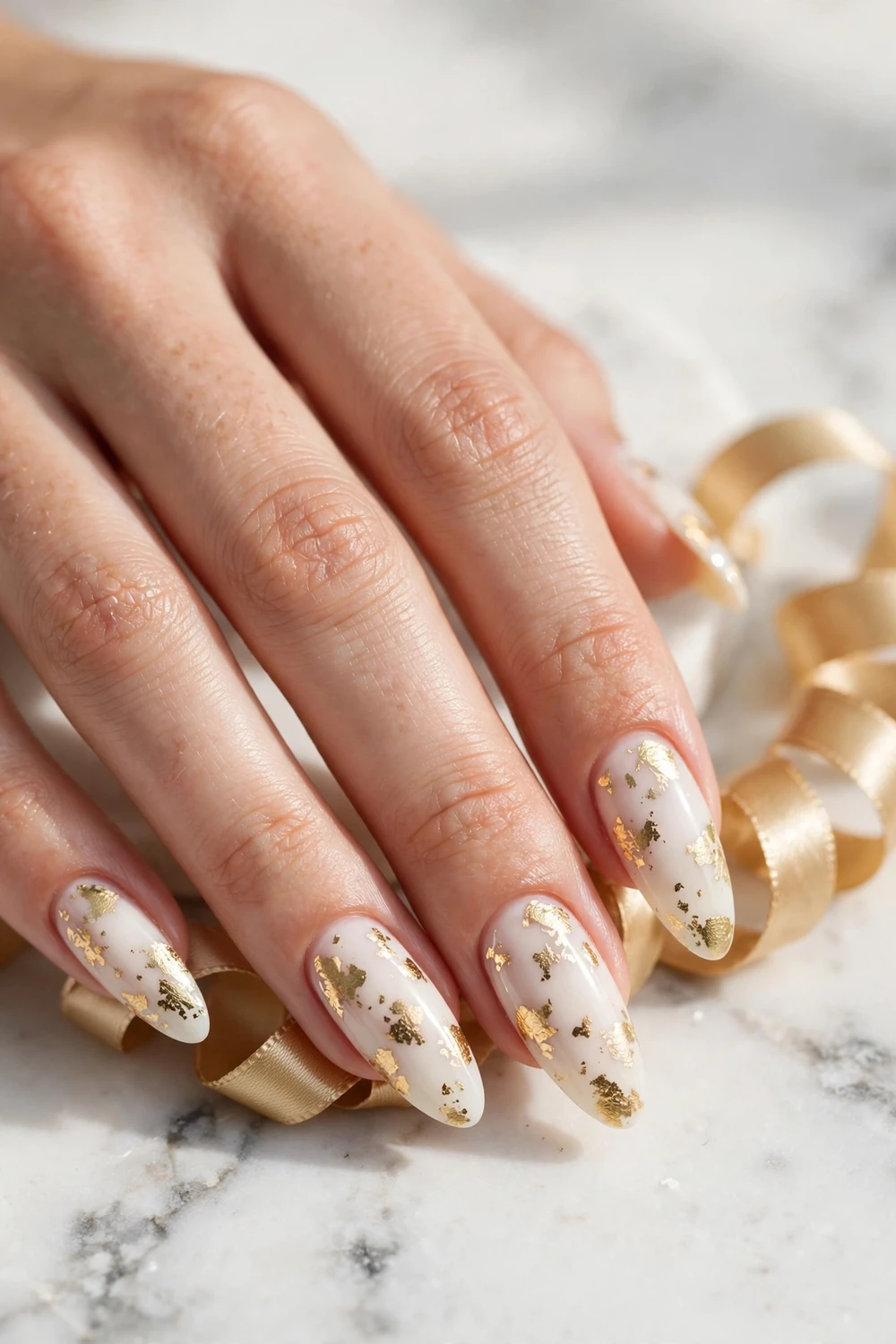 Gold Foil Almond Acrylics on long almond acrylic nails for Christmas