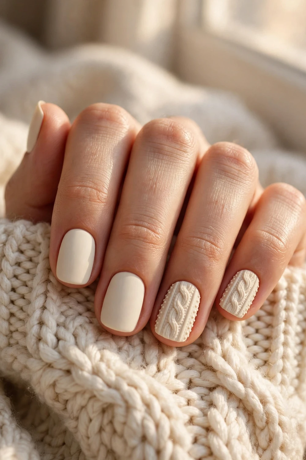 Cozy Sweater Knit Nails on short squoval nails for Christmas