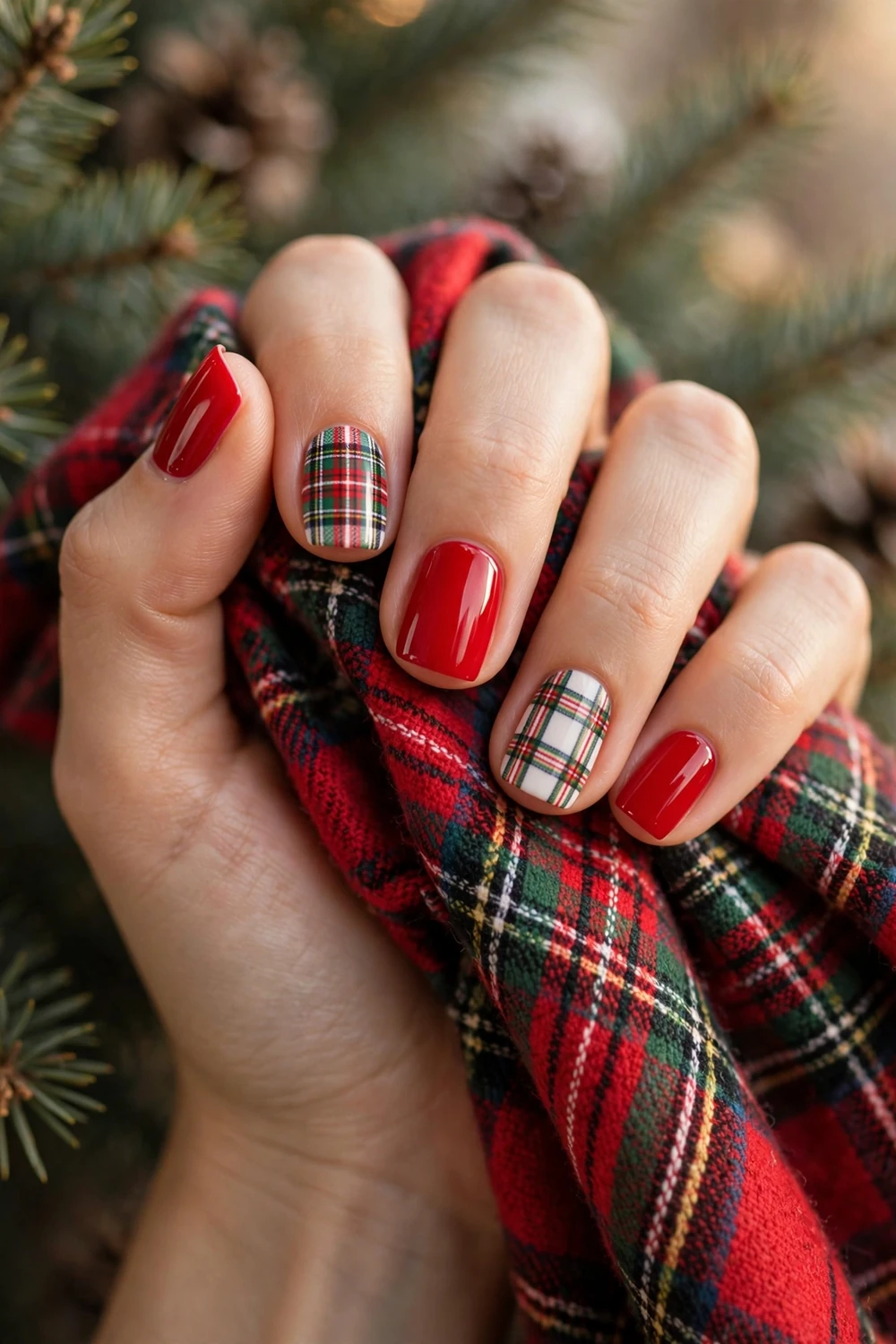 Red and Green Plaid Nails on short square nails for Christmas