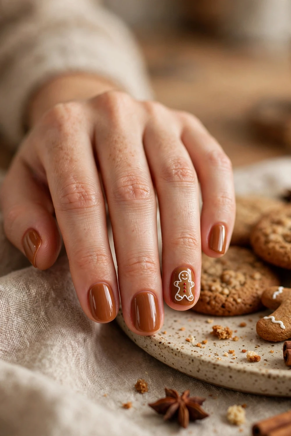 Gingerbread Accent Nails on short round nails for Christmas