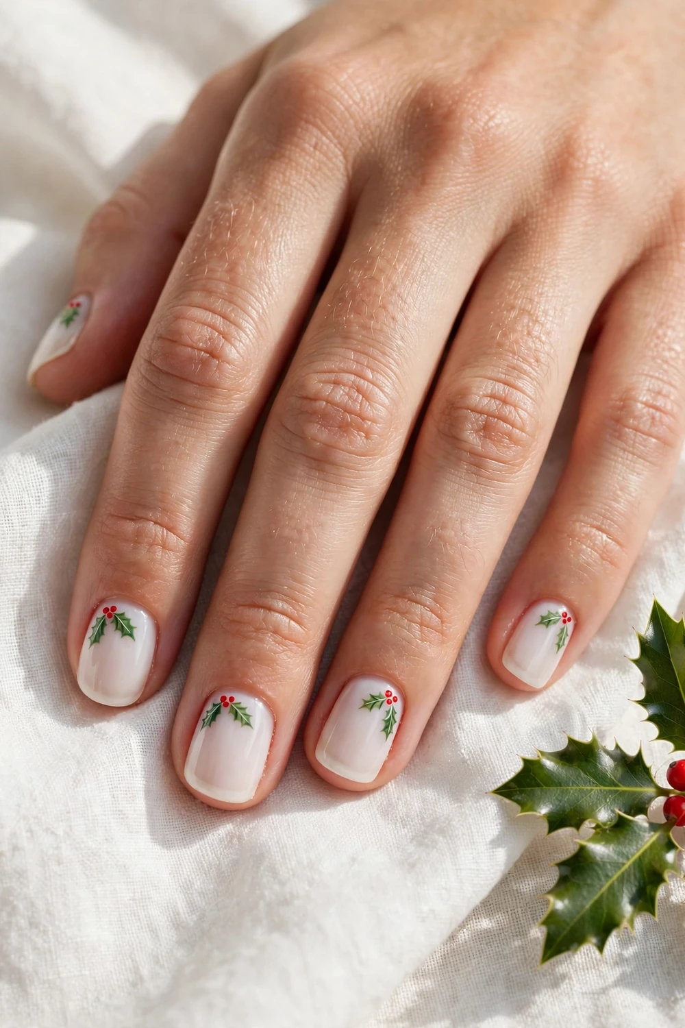 Holly and Mistletoe Short Nails on short squoval nails for Christmas