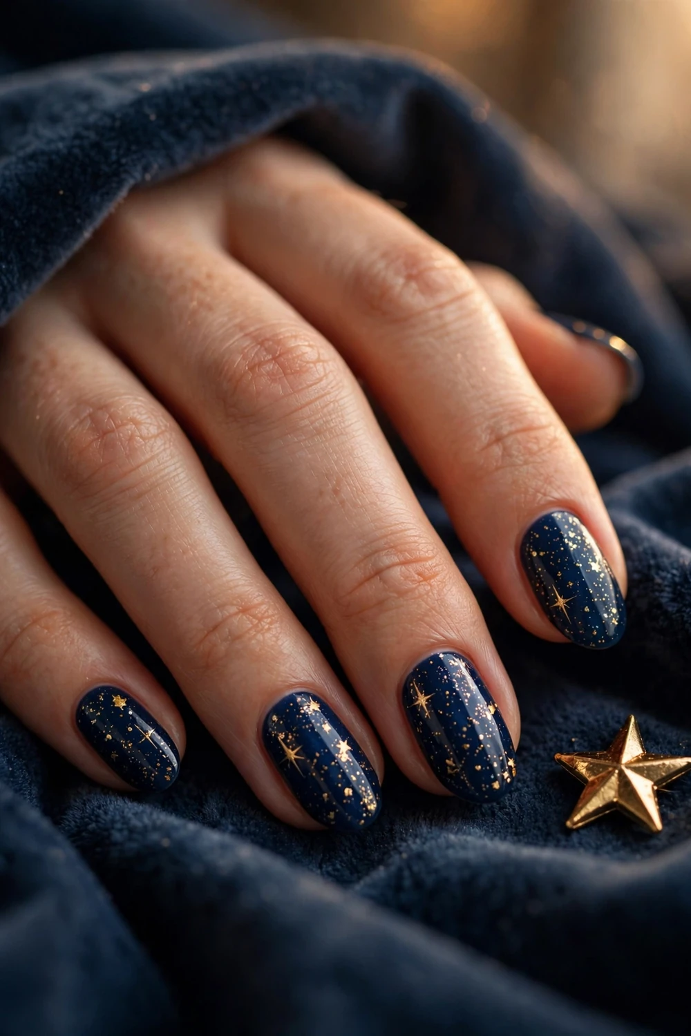 Midnight Navy With Gold Stars on medium almond nails for Christmas