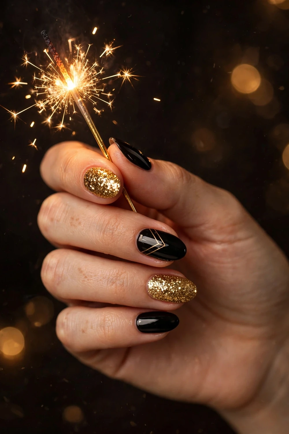 Black and Gold Christmas to New Year's Nails on medium almond nails for Christmas